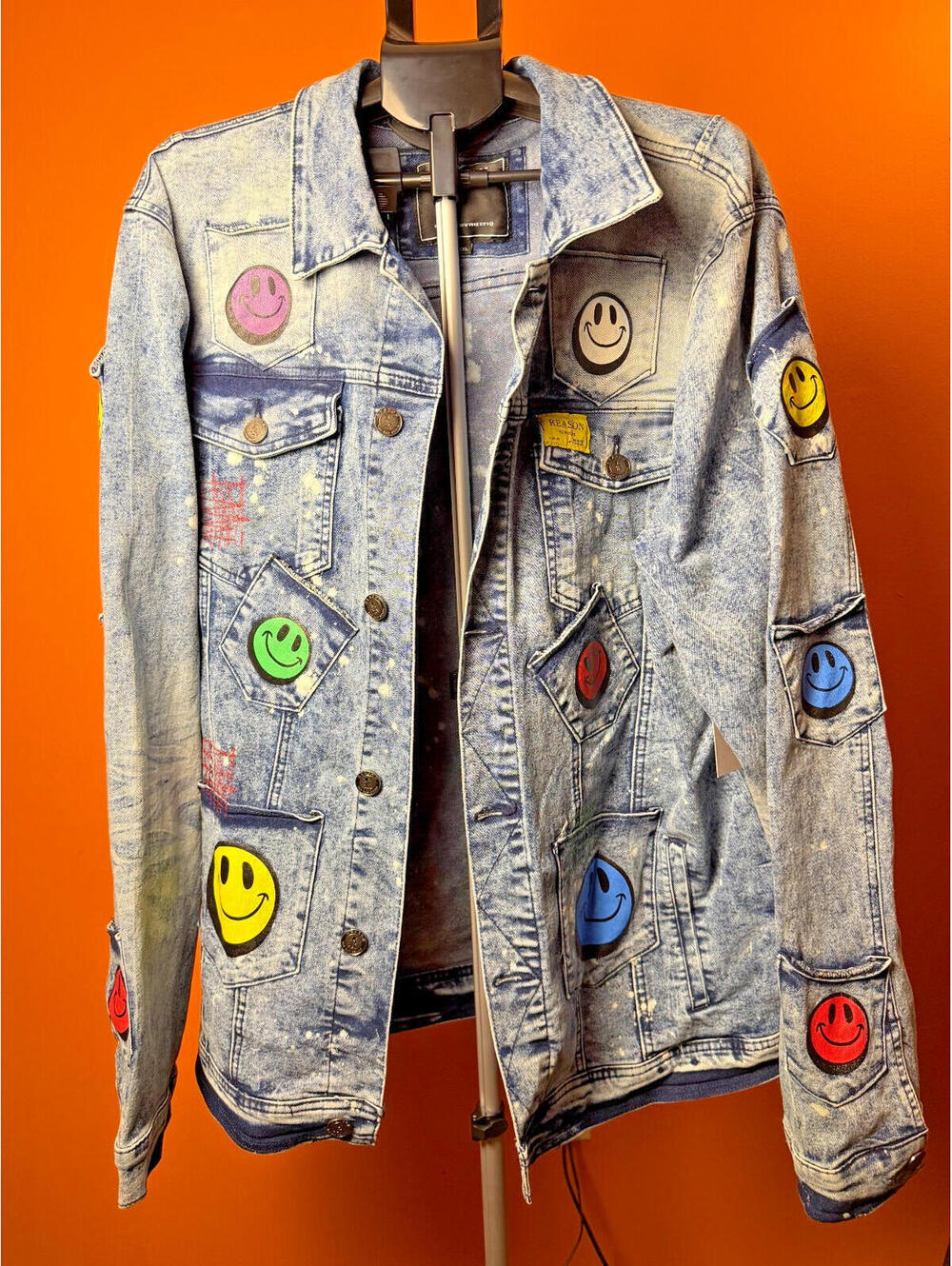 New rare Reason smiley denim jacket 2XL XXL happy faces multi color punk